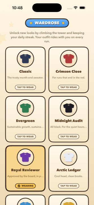 Wardrobe screen with unlockable outfits